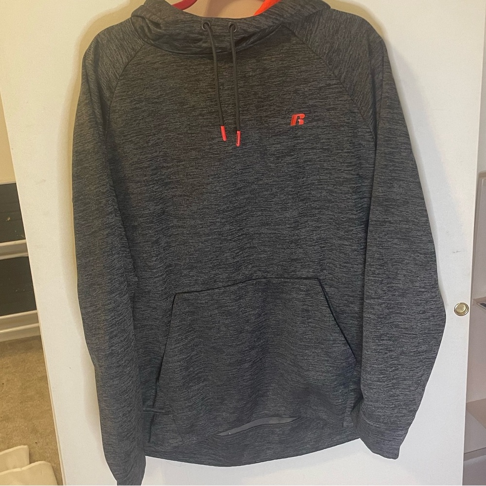 Russel tech fleece XL basically new Men's Gray Hoodie with orange accents